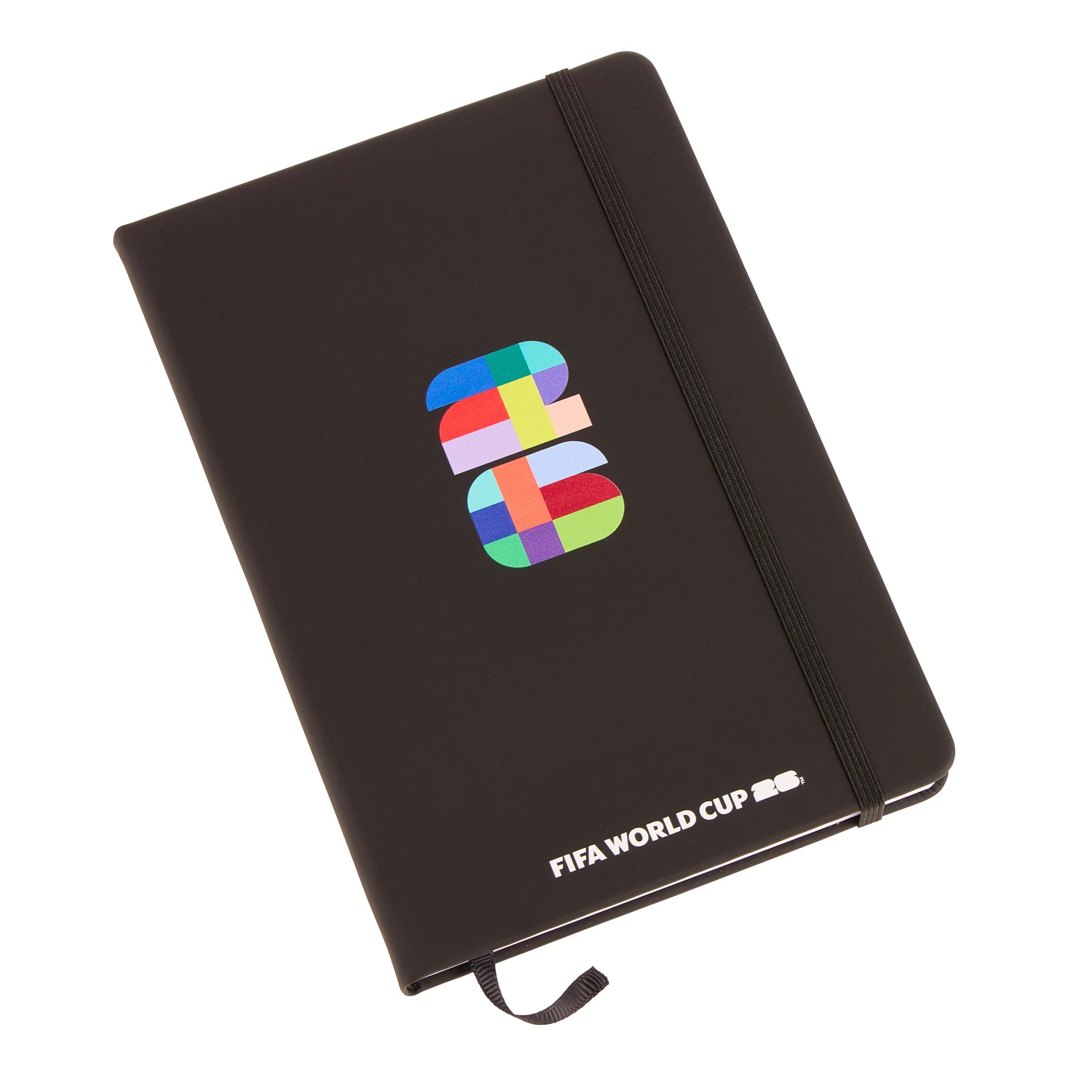 Black notebook with colorful logo and 'FIFA World Cup' text on a white background