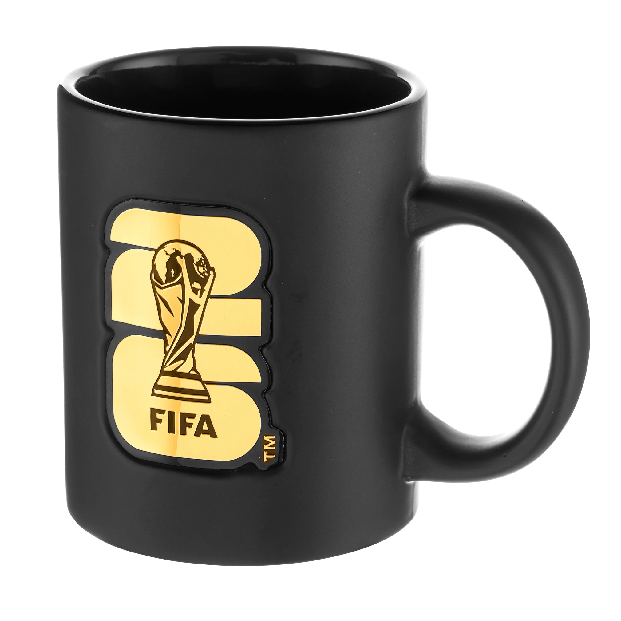 Black mug with FIFA logo on a white background
