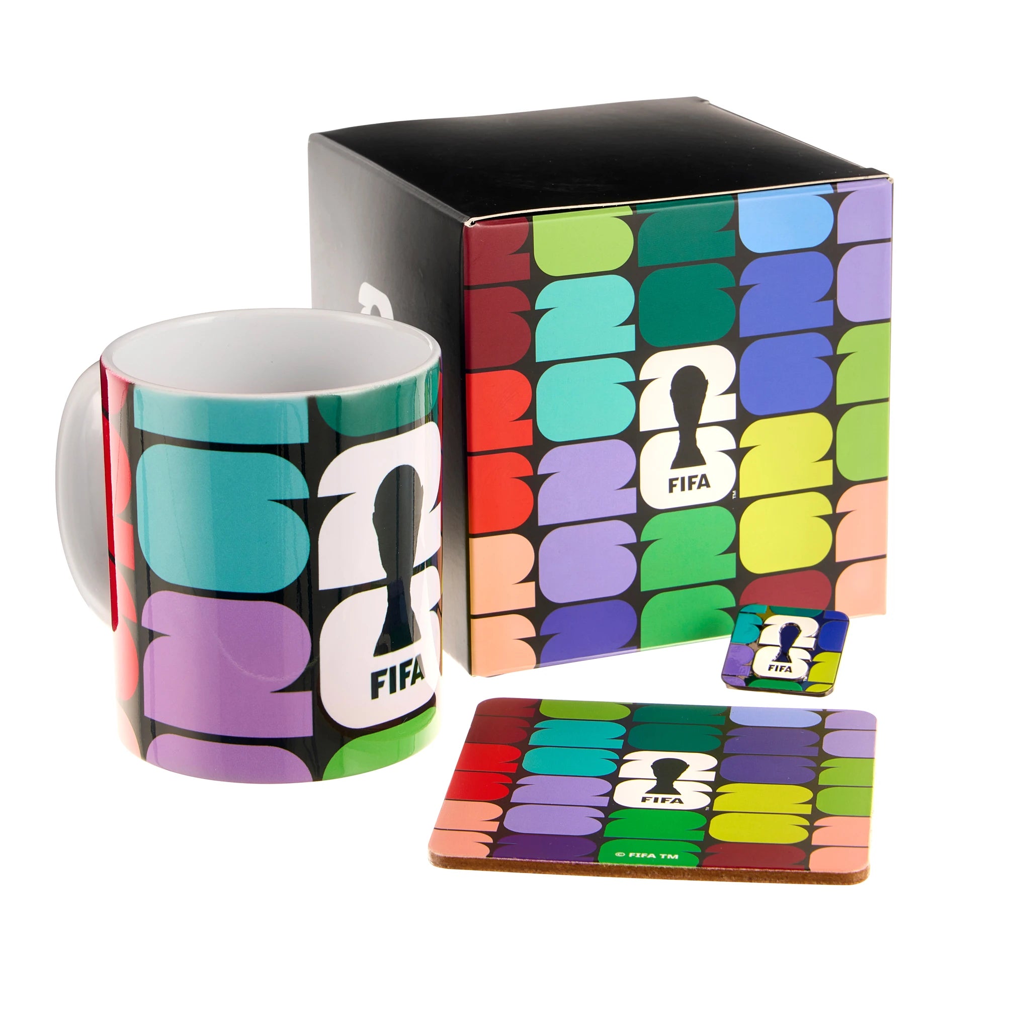 Colorful mug, coaster, and pin set with FIFA logo on a white background