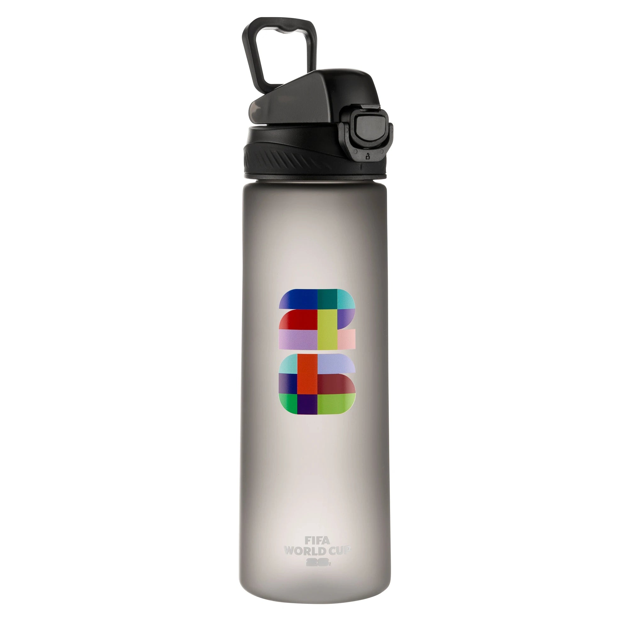 Collection of Water bottle with colourful logo and black cap on a white background in a gallery layout