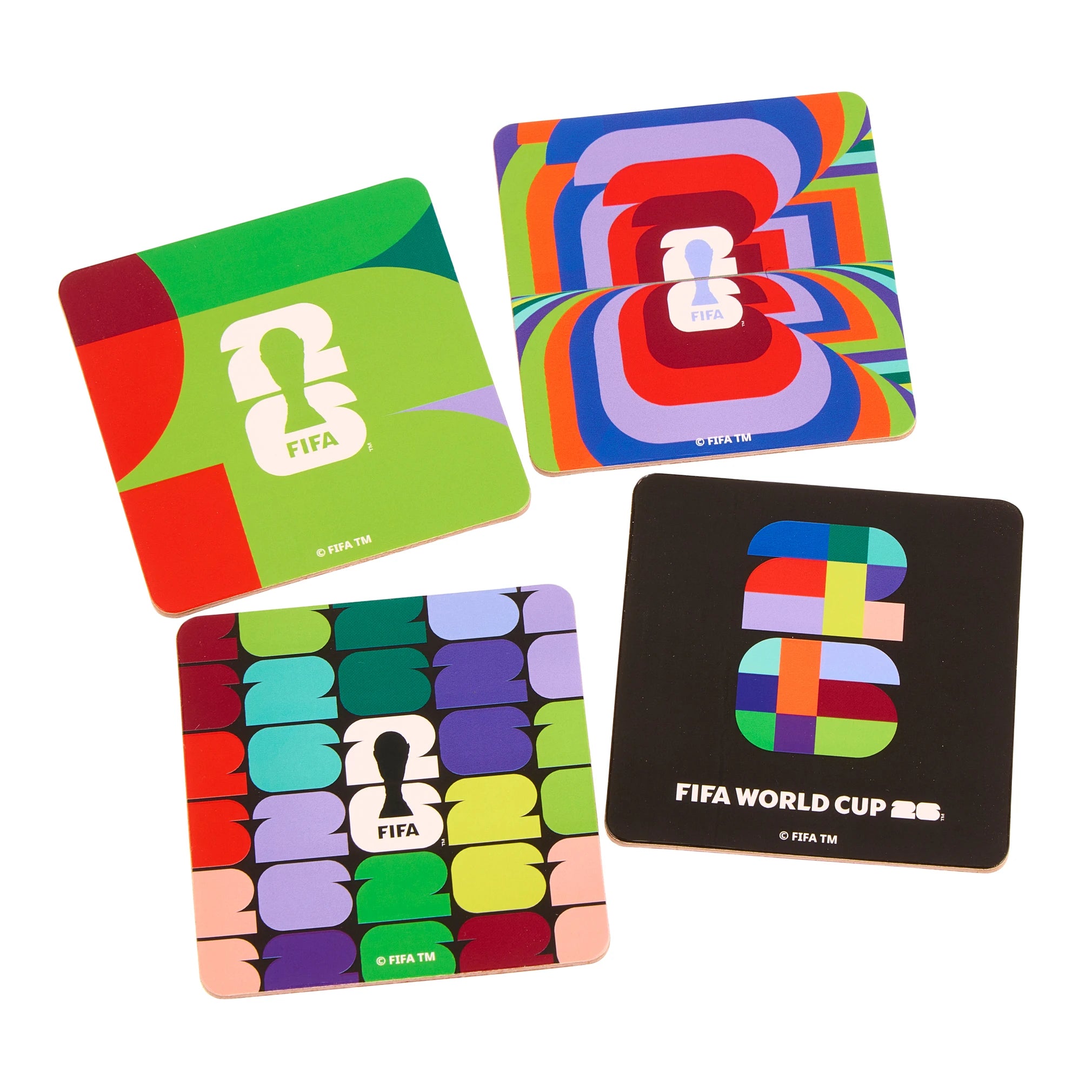 Collection of Four colorful coasters with FIFA World Cup logo on a white background in a gallery layout