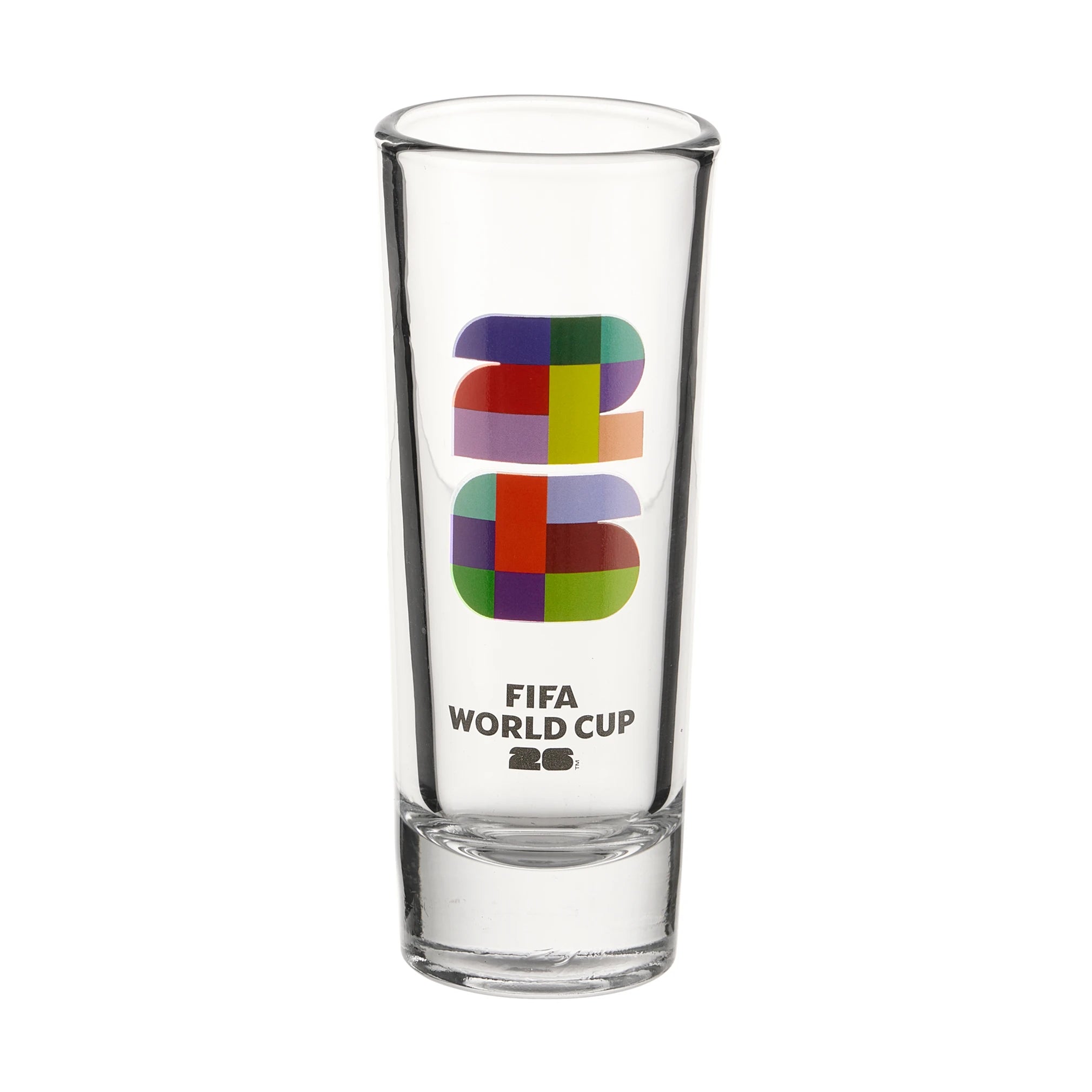 Collection of Clear glass shot glass with FIFA World Cup logo on a white background in a gallery layout