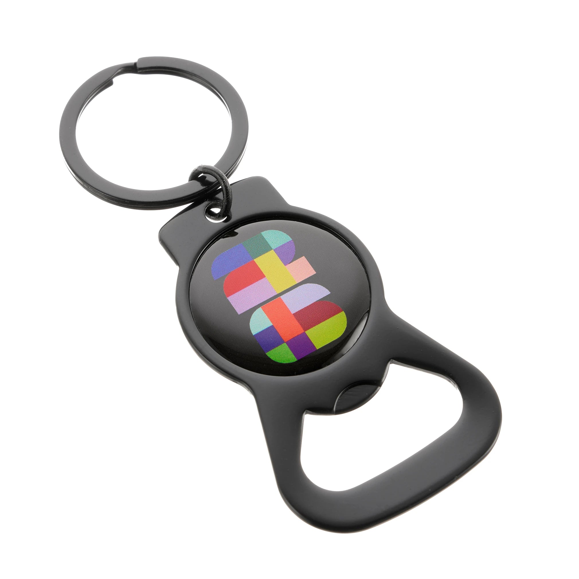 Collection of Black bottle opener keyring with colourful design on a white background in a gallery layout