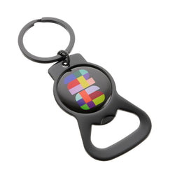 Collection of Black bottle opener keyring with colourful design on a white background in a gallery layout