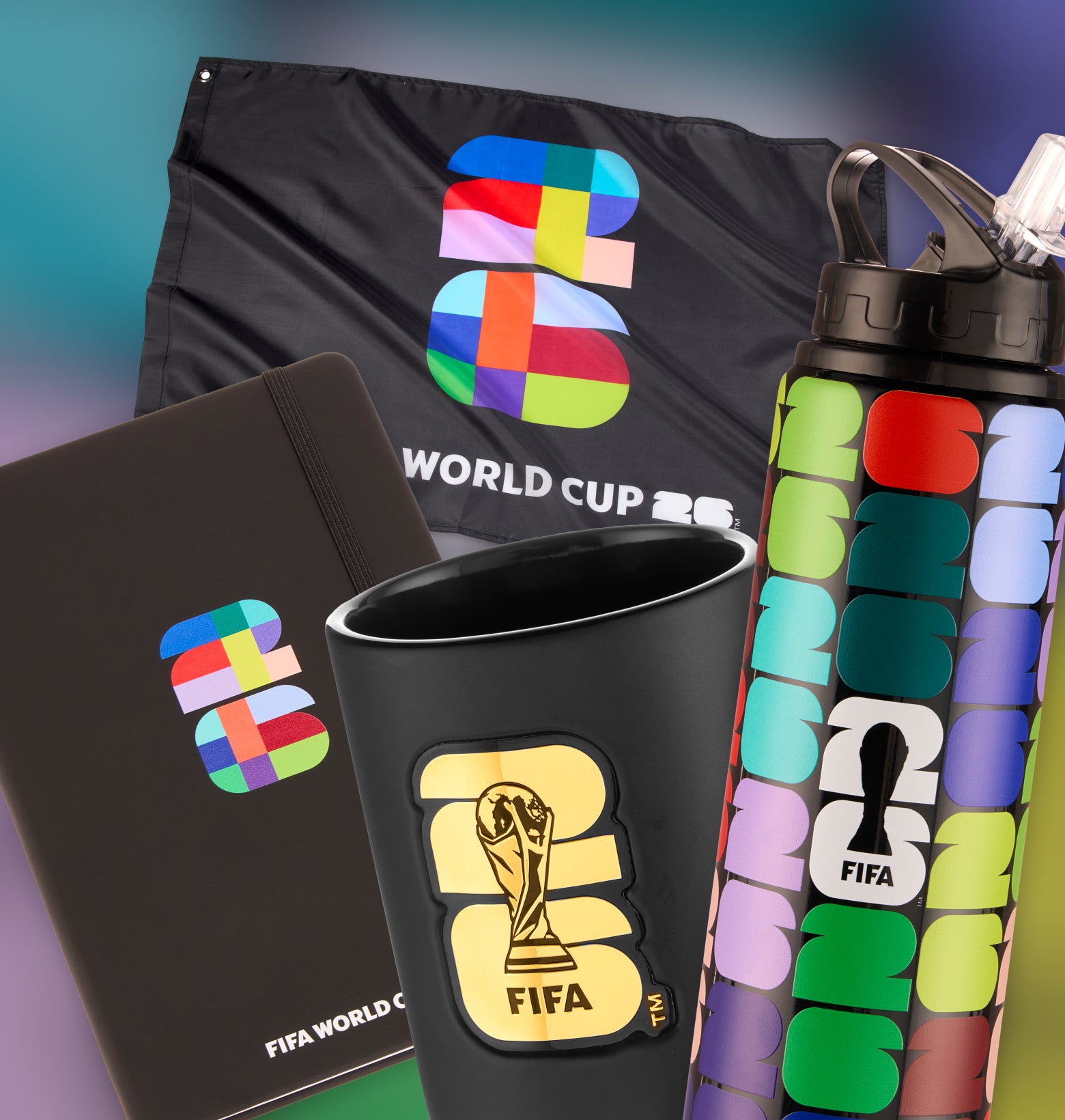 Collection of FIFA World Cup 2026 branded merchandise including a notebook, cup, and water bottle. in a gallery layout